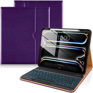 DTTO for iPad Pro 13 Inch Case 2024 with Keyboard (M4), 7 Colors Backlit Wireless Detachable Keyboard Premium Leather Folio Cover with Pencil Holder & Pocket, Dark Purple