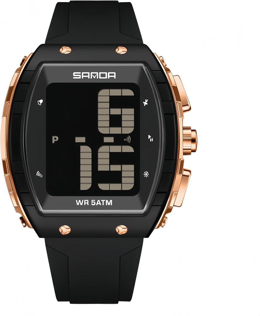 Men's Digital Talking Watch - Large LED Dial 5ATM Waterproof Shockproof Sports Watch with Voice Announcement, Alarm, Stopwatch, Backlight & Easy-to-Read Display for Blind & Elderly Adults (Black Rose Gold)
