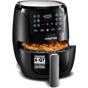 Gourmia Air Fryer - 6 Qt Large Capacity, FryForce 360, Digital Display with 12 Presets, Roast, Bake, Broil, Dehydrate, Dishwasher Safe Accessories, Black