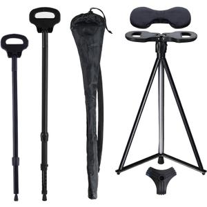 Cane with Seat Foldable Chair Cane,Walking Stick Cane, Folding Walking Cane for Men & Women with Travel Bag and 2 Base Canes and Cushion for Outdoor Hiking