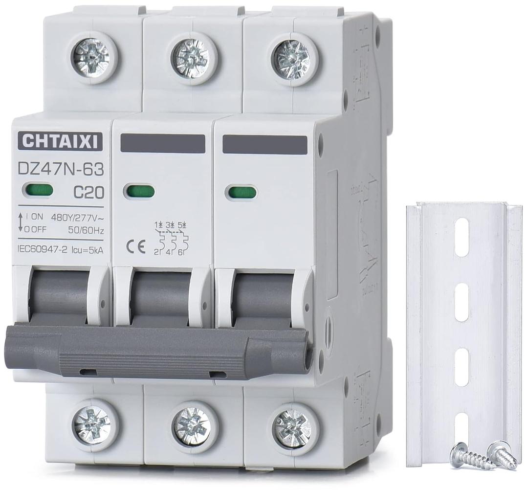 3 Pole DIN Rail Mount Circuit Breaker, 20 Amp 480V AC Miniature Circuit Breaker, Thermal Magnetic Trip AC Disconnect Switch MCB C20