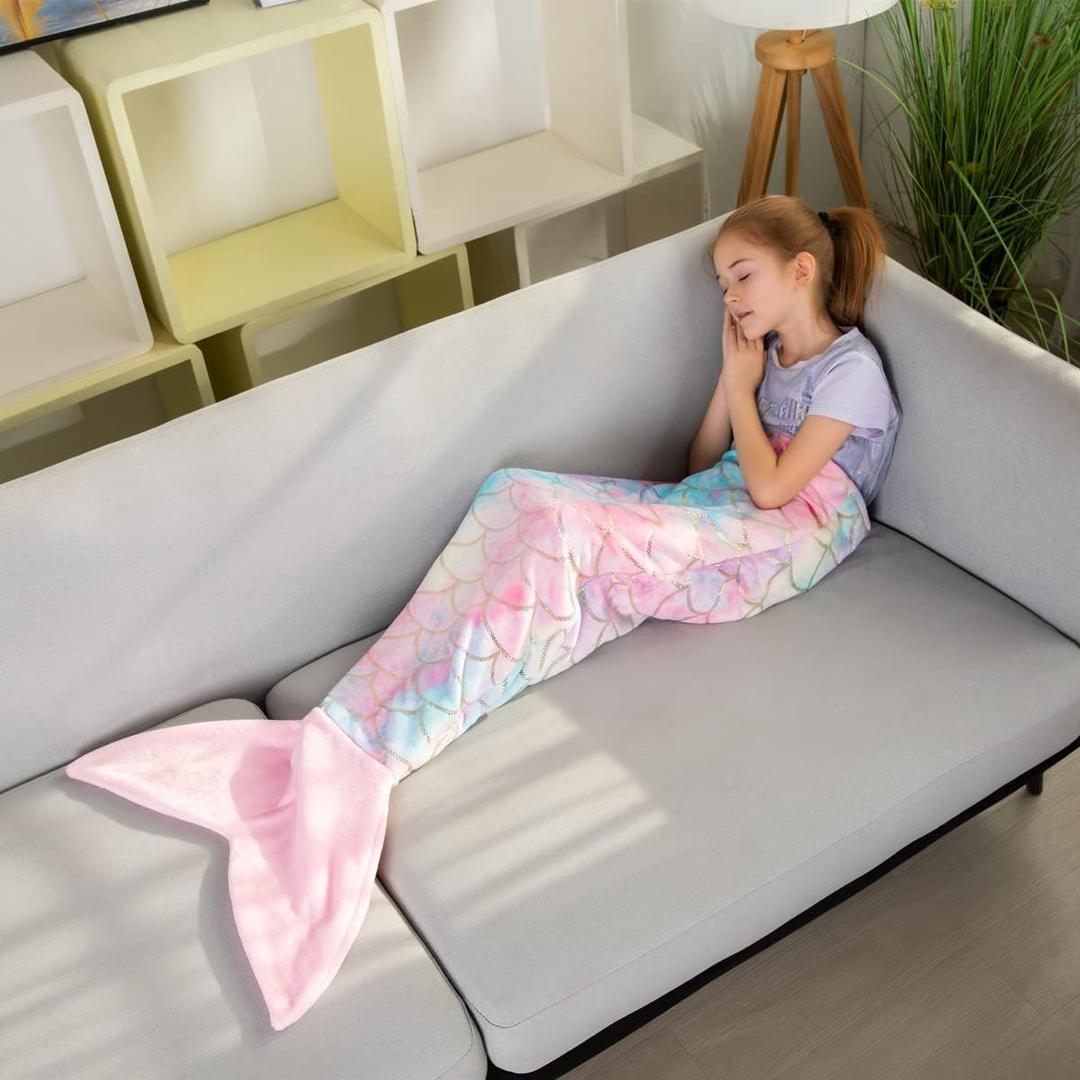 Mermaid Tail Blankets Glittering Soft Flannel Rainbow Colorful Mermaid Tail for Toddlers Girls Gifts, Light Pink, Size: Toddlers