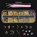 2 x 3D Alloy Nail Art Studs Nail Charms, Gold Hollow Star Moon Metal Nail Rivets Crystal Rhinestones Gems Jewelry DIY Crafts Manicure Decorations with Pick Up Tweezers
