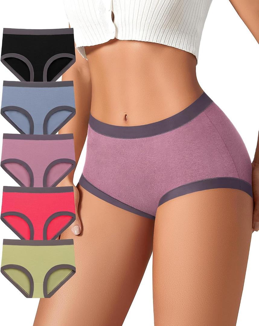 ASIMOON Women's Cotton Underwear Mid Waisted Ladies Panties Soft Breathable Full Coverage Briefs 5 Pack,XL