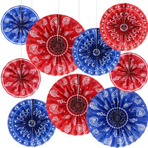 Outus 9 Pcs Western Party Decorations Paper Fans Wild West Bandana Hanging Paper Fans Ceiling Wall Garland for Western Cowboy Themed Party Decorations