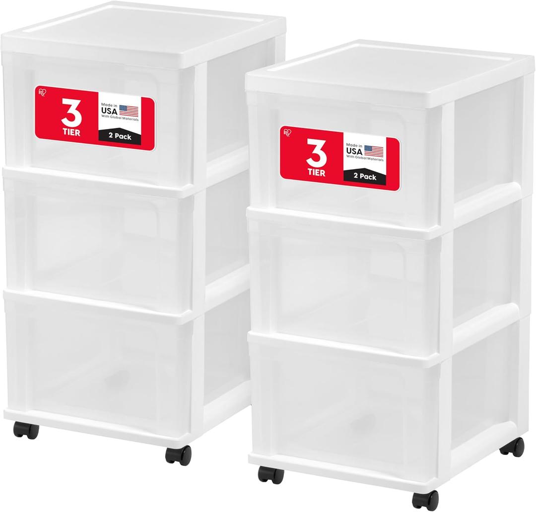 IRIS USA Plastic 3-Drawer Storage Organizer Rolling Cart, with Wheels Casters, 2-Pack, for Classroom Art Supplies Bathroom Dorm Bedroom Laundry Room, Slim Narrow, White/Clear