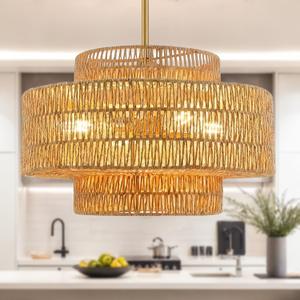 20 Large Boho Rattan Chandelier, 4-Light Hand Woven Pendant Light Fixture, Upgraded Farmhouse Hanging Ceiling Light for Dining Room, Kitchen Island, Living Room, Bedroom, Entryway, Foyer