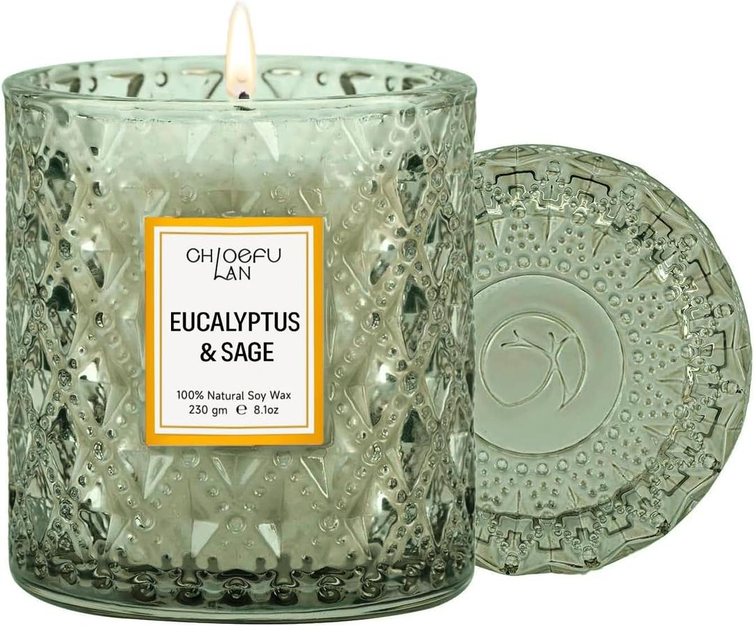 Eucalyptus & Sage Scented Candles Luxury Candle with up to 55 Hour Long Lasting, Highly Scented, 100% Soy Wax, 8.1oz, Beautiful Candles, Ideal for Home Decor and Gifts