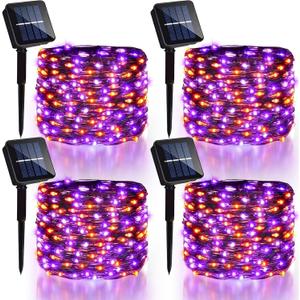 4 Pack Halloween Solar Fairy Lights 131.2Ft 400 LEDs Outdoor Twinkle Lights with 8 Modes, Waterproof Silver Wire String Lights for Garden Patio Party Decorations (Orange Purple)