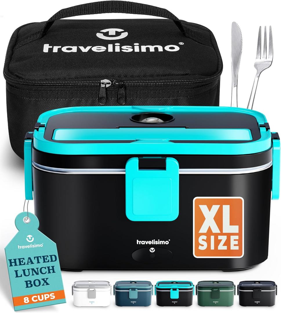 TRAVELISIMO Extra-Large Electric Lunch Box For Adults Holds up to 8 Cups - 80W Heated Lunch Box For Men 1.8L, Portable Food Warmer for Travel & Work, Loncheras Electricas Para Calentar Almuerzo (Neon Blue)