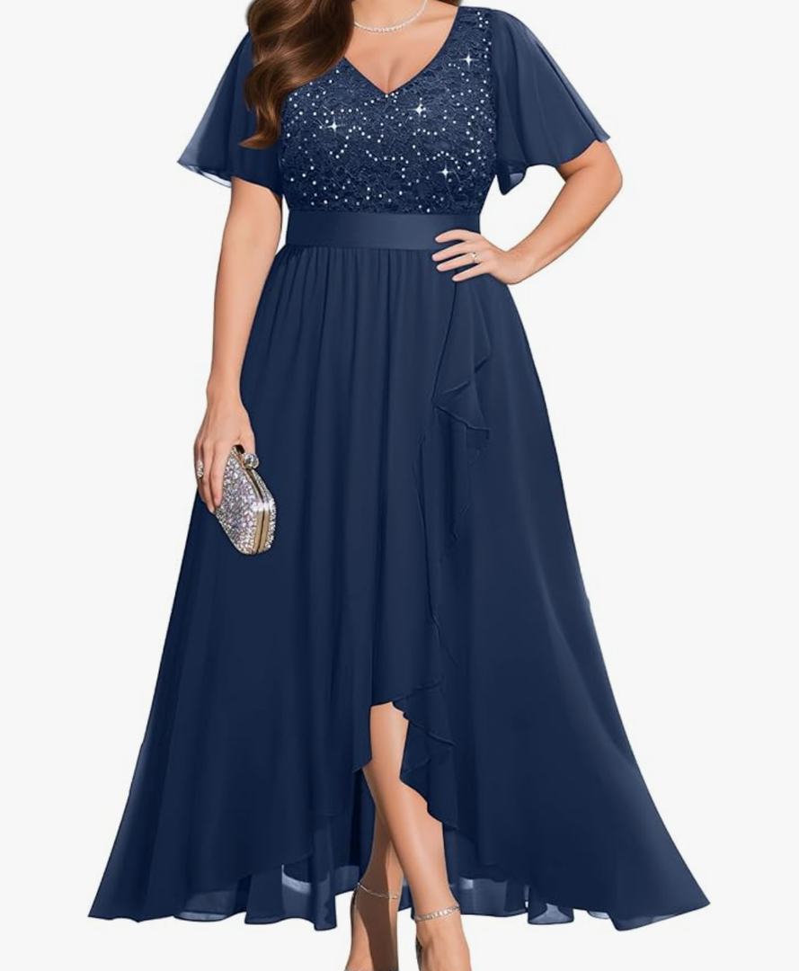 Pinup Fashion Plus Size Formal Dress - Evening Wedding Guest Cocktail Sequin Chiffon Long Dresses with Slit. Size 14W