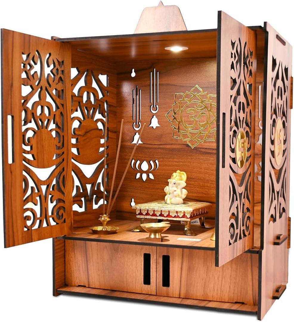 Wooden Pooja Mandir Temple for Home with LED Light, Storage Cabinets and Wall Mounts, Decorative Carved Doors with Om Symbol, Brown Finish, 17.3 x 11 x 10.6 Inches