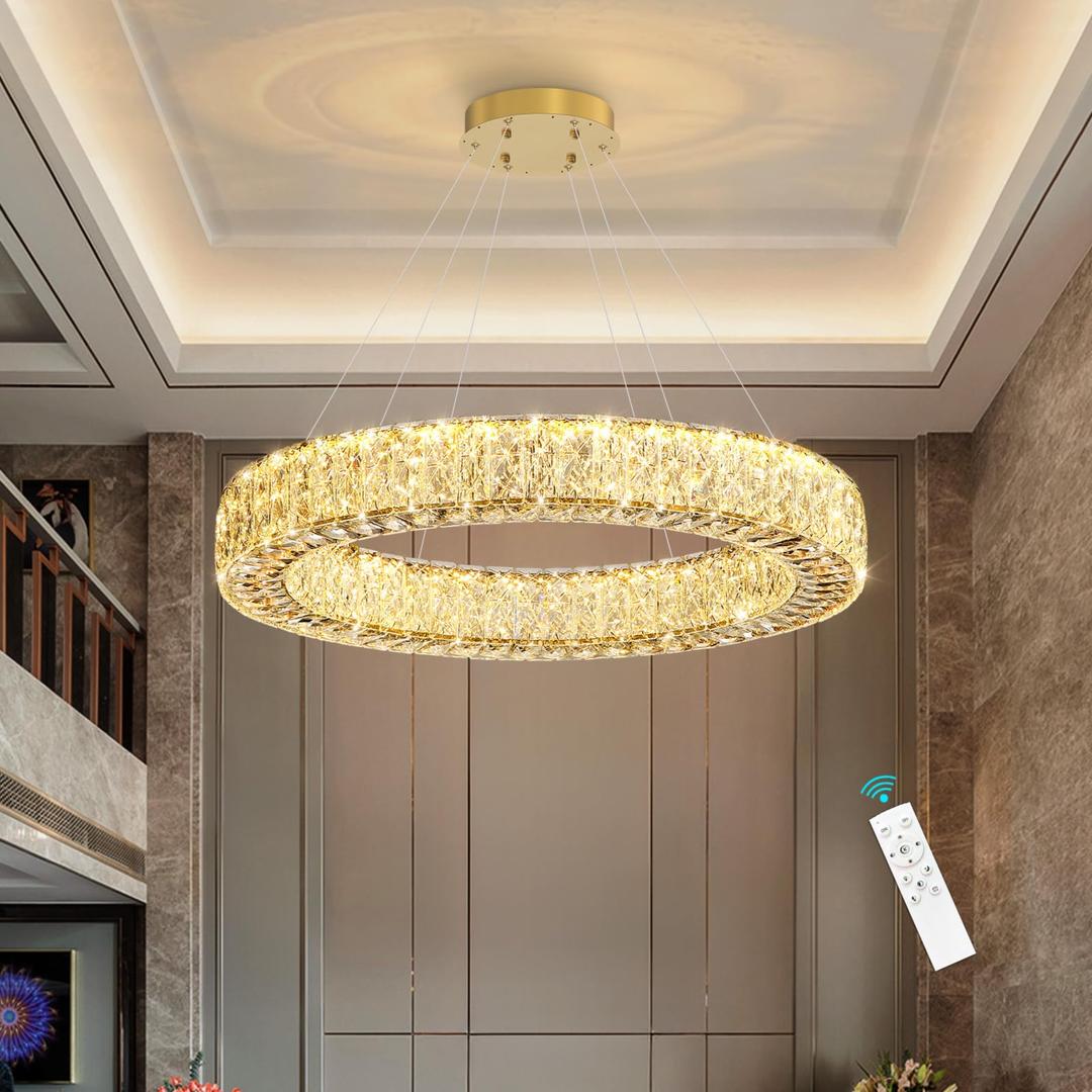 YLKP 32 Inch Chandelier Glam Dimmable LED Crystal Chandeliers Luxury Round Pendant Lighting Fixtures for Dining Room Bedrooms Gold