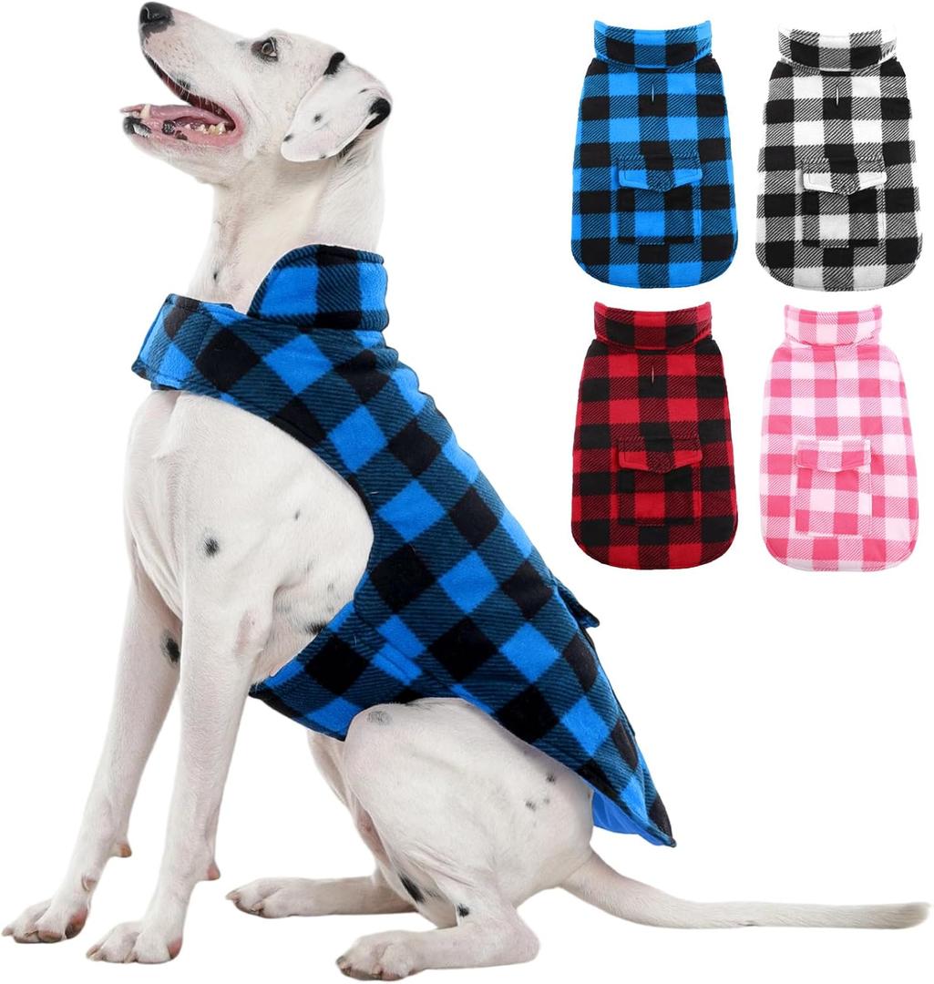 Kuoser Dog Winter Coat, Windproof Dog Fleece Jacket British Style Plaid Cold Weather Doggie Vest Coats, Reversible Cozy Warm Pet Clothes Apparel for Large Size Dogs L, Blue