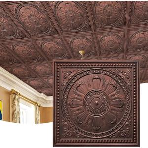 STICKGOO Drop Ceiling Tiles 24"x24", PVC Panels Plastic Ceiling Tiles Waterproof Reusable, Covers 48 Sq.Ft., Baroque Decorative Tiles for Home & Commercial Use (Pack of 12, Antique Copper)