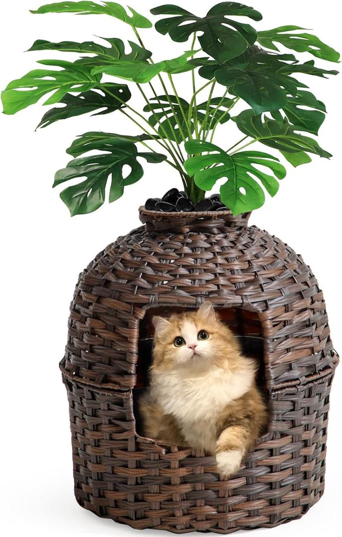 Cat Litter Box Furniture - Hidden Litter Box with Artificial Plants, Rattan Enclosure, Living Room (Brown)