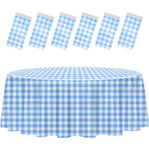 HEIPINIUYE 6 Pack Blue and White Round Checkered Tablecloth 84 84 Blue Plaid Table Cover Disposable Tablecloth for Round Tables Party Picnic Camping Birthday Plastic Gingham Table Cloth