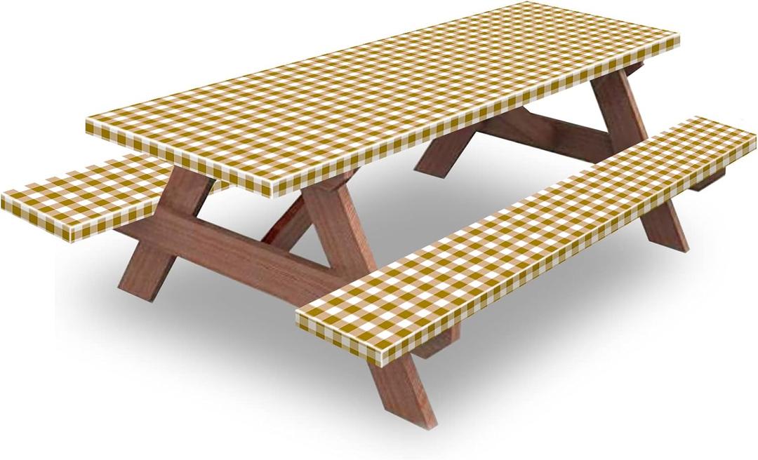 KENOBEE 6ft Picnic Table and Bench Cover, Camping Essentials RV Gear, 72 in Waterproof Windproof Outdoor Elastic All Around Tablecloth, Fitted Rectangle Tables and Seats, Coffee-White Checkered 