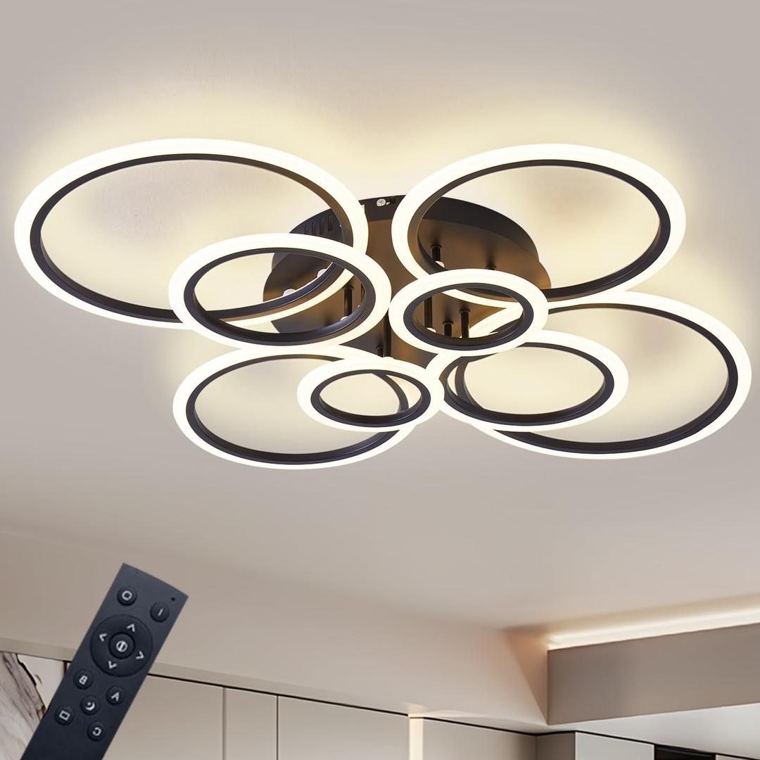 Modern LED Ceiling Light, Semi-Flush Mount with Remote Control, Dimmable Brightness (3000-6000K), 8-Ring Black Design for Living Room, Bedroom, Hallway, Kitchen, and Dining Room Ceiling Lamp (8 Rings)
