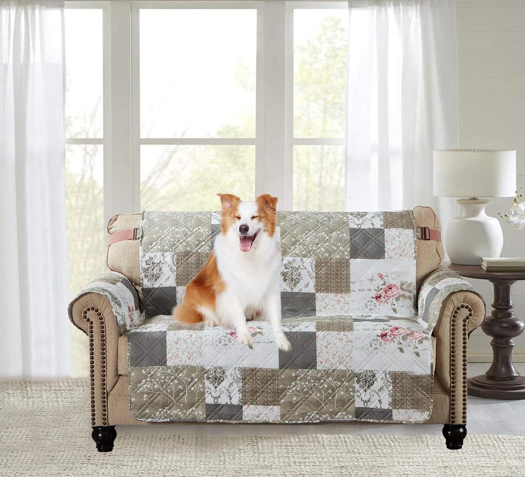 Brilliant Sunshine Rose and Toile Patchwork Couch Cover, Quilted Oversized Loveseat Slipcover, 54" Seat Width, Slip Resistant Furniture Protector, 2" Strap, Washable Couch Cover for Dogs, Rose Grey