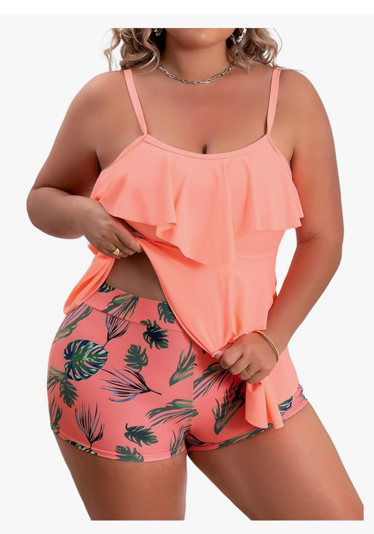 B2prity Women Plus Size Tankini Swimsuits Tummy Control Two Piece Bathing Suit Ruffled Flounce Swimwear with Shorts, Size XL