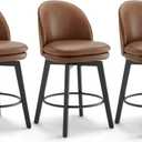 Counter Height Barstools 26 inch Upholstered Swivel Bar Stools with Back and Wood Legs for Kitchen Island, Set of 3,Brown PU Leather-Armless