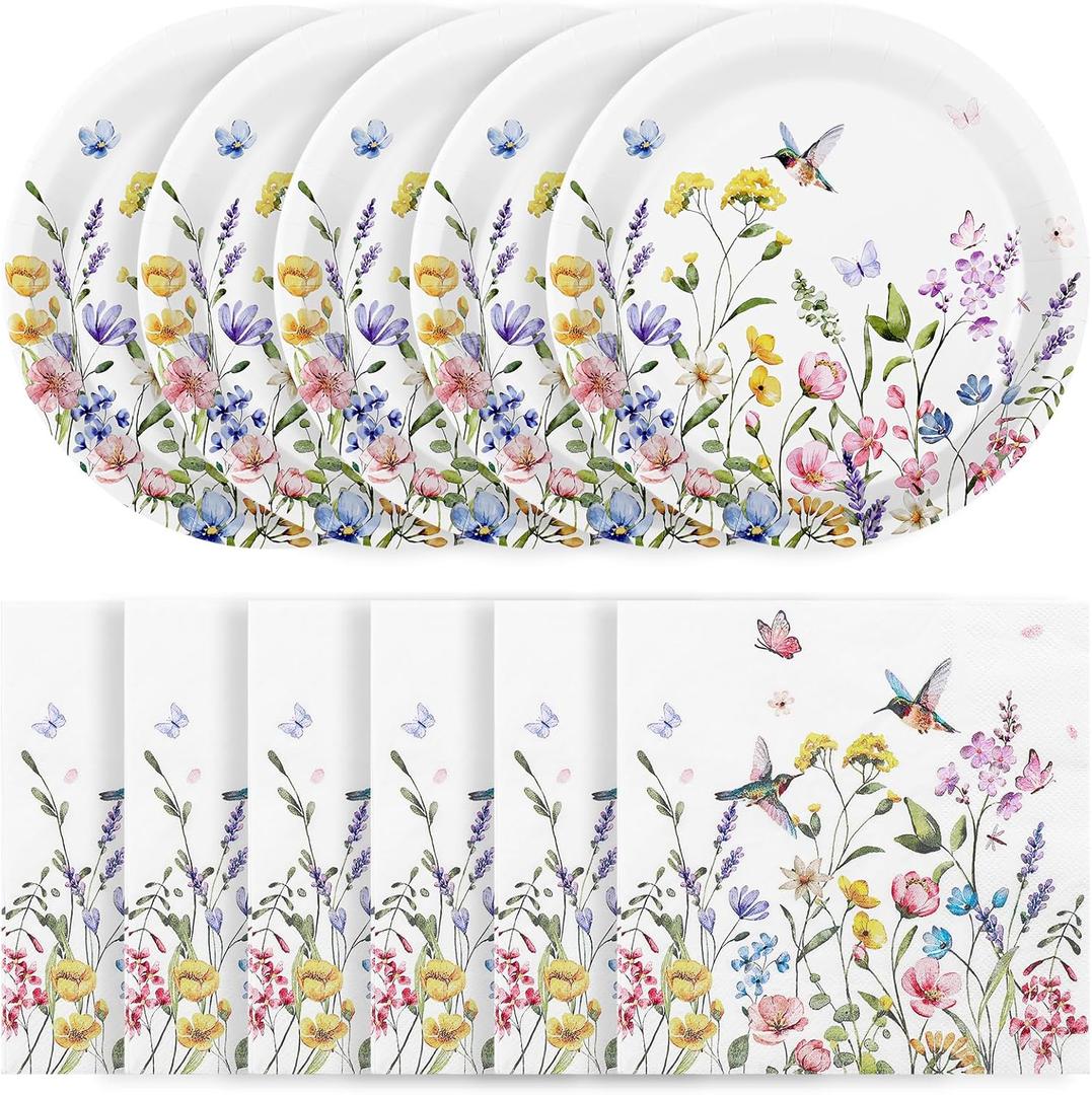 NatNarr 50 Pcs Wildflower Paper Plates and Napkins, Disposable Floral Plates and Napkins Tableware Set Wildflower Garden Party Supplies for Mothers Day Spring Tea Party Baby Shower Birthday
