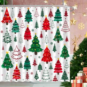 Christmas Shower Curtain, Xmas Tree Home Bathroom Decor, Polyester Cloth Fabric Bath Curtain with 12 Hooks (72x72 Inches, Christmas Tree 2)