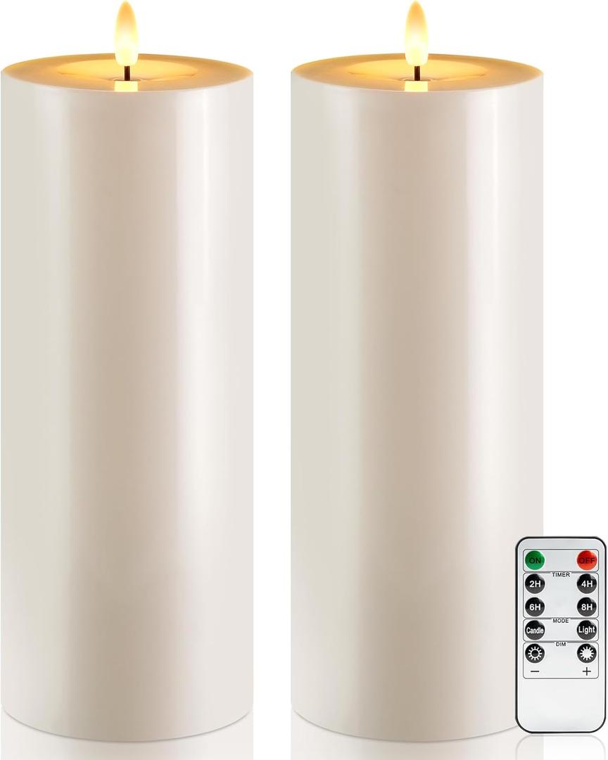 Raycare 2Pcs 4'' X 12'' Large Waterproof Outdoor Flameless Candle, Battery Operated LED Candles with Remote Control and Timer, Electric Fake Plastic Pillar Candles, Ivory