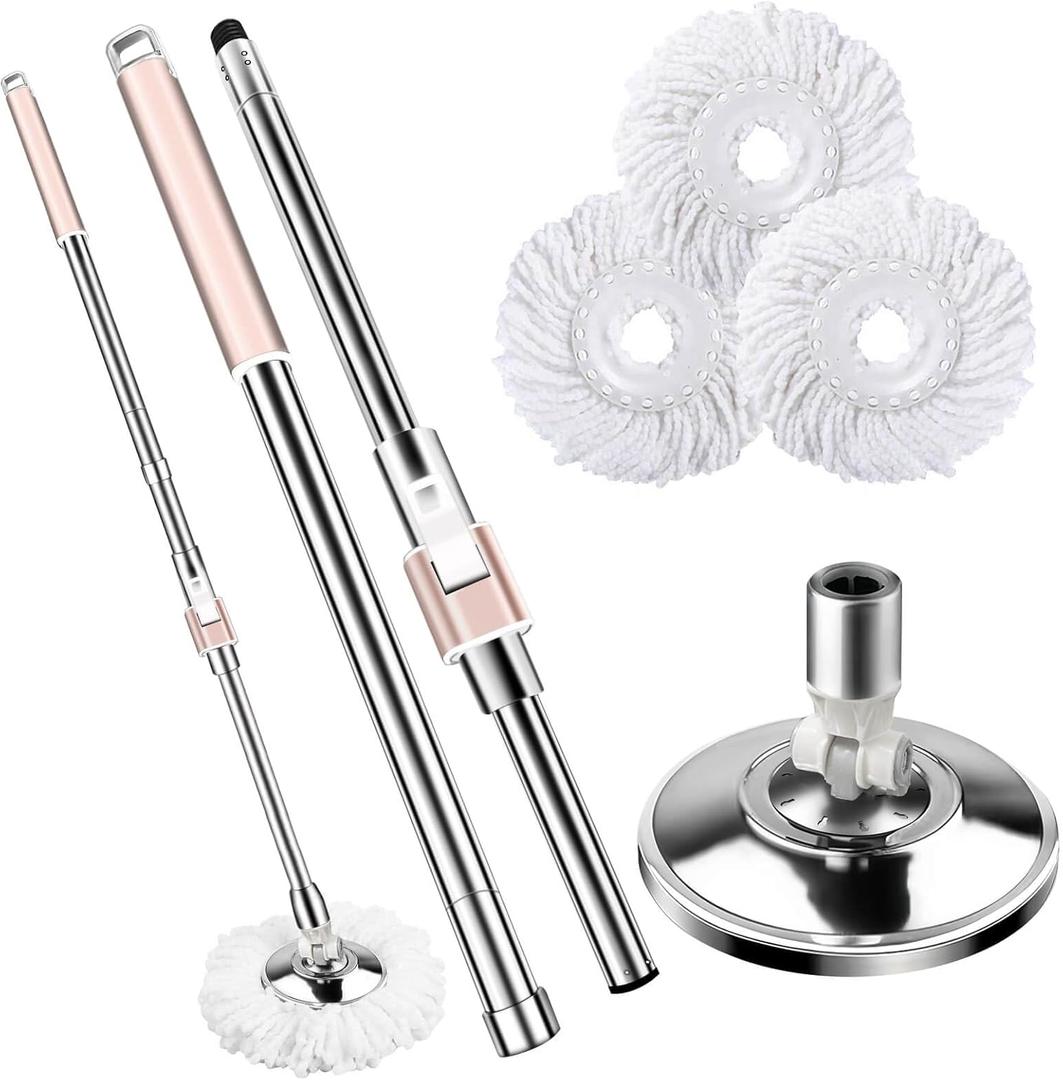 Spin Mop Replacement Handle 360 Swivel Adjustable, 2 Reinforced Locking Telescopic Rods + 3 Reusable Microfiber Mop Refills + 1 Stainless Steel Tray Champagne Pink (Champagne Powder)