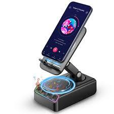 Hupoaf Adjustable Cell Phone Stand with Wireless Induction Bluetooth Speaker, HD Surround Sound for Home and Outdoors, Compatible with iPhone/iPad/Samsung Galaxy, Popular Gifts for Men Women Dad Mom