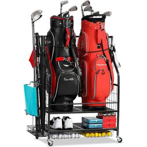 Golf Bag Storage Garage Organizer - Golf Bag Stand Fit for 2 Bag, Extra Clubs, Balls, Shoes, and Golf Equipment Accessories, Golf Storage Rack for Garage, Club, Shed