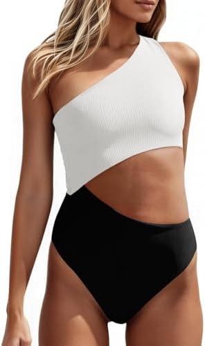 Women's One Piece Ribbed Swimsuit One Shoulder Cutout Swimwear Sexy Bathing Suit, Large