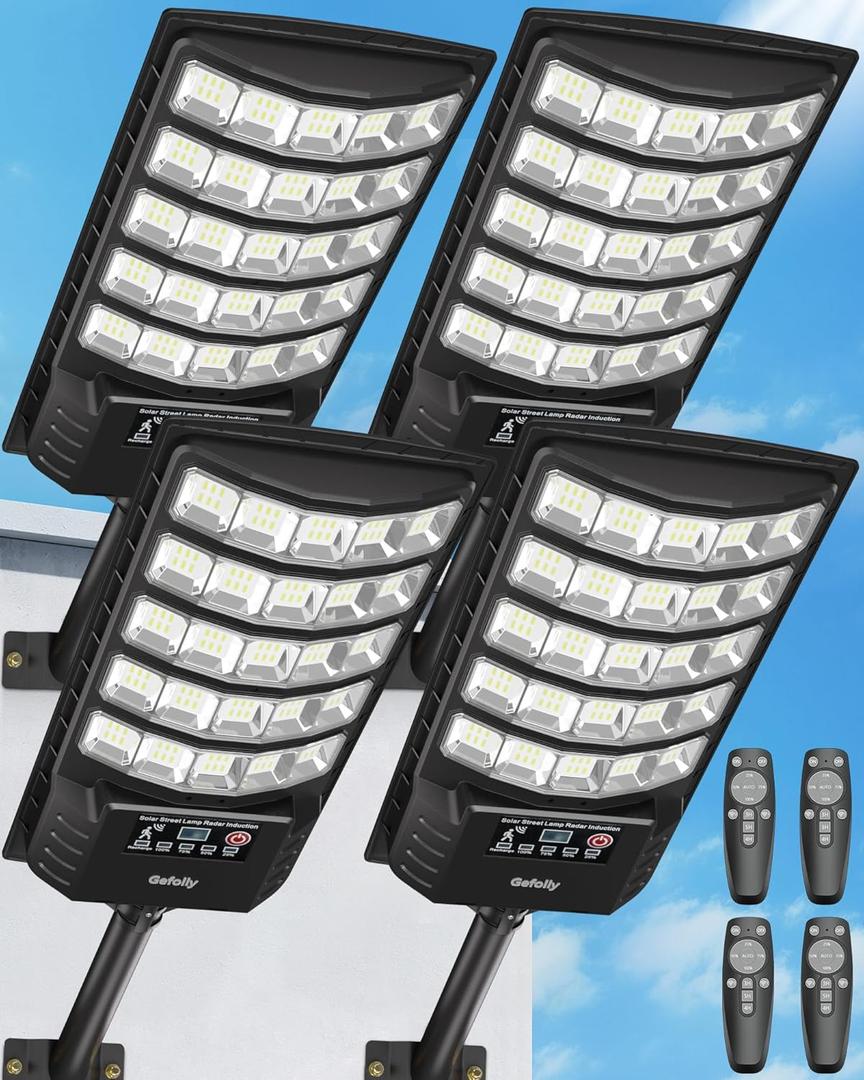 Gefolly Solar Street Lights Outdoor, 6500K Commercial Parking Lot Light Dusk to Dawn, IP68 Security Flood Lights with Motion Sensor Led Lamp for Warehouse, Road, Garden-4Pack