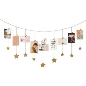 Mkono Hanging Photo Display Boho Decor Wooden Stars Garland with Metal Chains, Pictures Cards Holder with 25 Wood Clips, Wall Art for Christmas Living Room Bedroom Dorm Decor, Teen Girls Gift, Gold