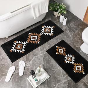 Nuanchu 2 Pcs Western Aztec Bathroom Rugs Boho Aztec Bath Mat Non Slip Geometric Bathroom Decor Soft Absorbent Microfiber Rug for Kitchen, 17" x 47" +16" x 29"(Medieval Pattern)