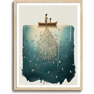 KISSFOX Jesus Fishing with Child OAK Wood Framed Wall Art Modern Christian Canvas Art Prints Inspirational Bible Pictures Wall Decor Sketch Faith Art Paintings Posters For Bedroom Living Room, 16"x20" Wood