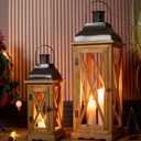 Venalys Farmhouse Wooden Metal Candle Lantern Set of 2, Rustic Large Decorative Floor Lanterns, Indoor/Outdoor Hurricane Lantern for Home Decor (No Glass)