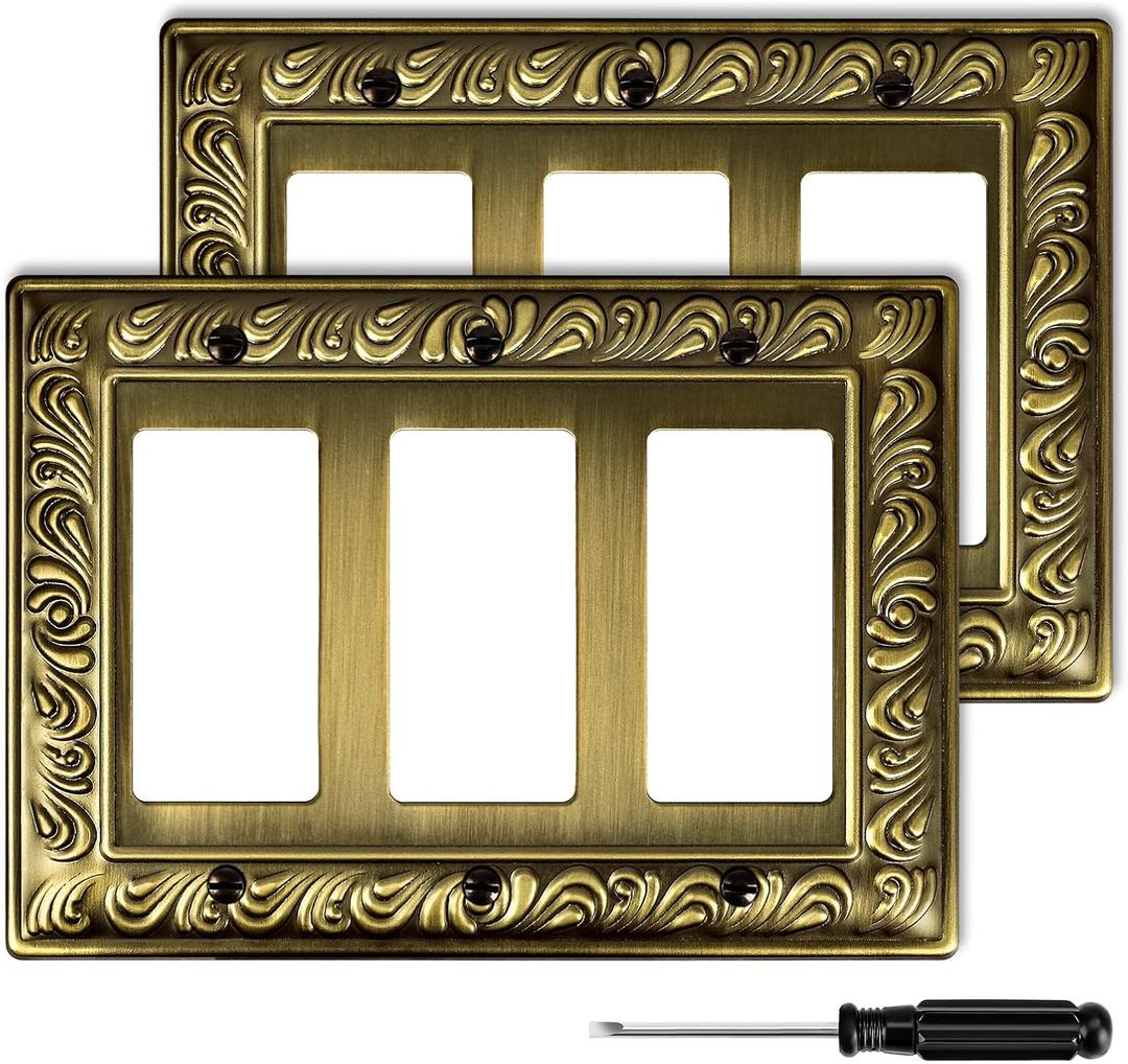 Antique Brass Decorative Wall Plate Light Switch Cover Decorator Outlet Covers Rocker Switch Plates Metal Material Wall Plates for Kitchen Bathroom (3 Gang Triple Decorator-2 Pack)