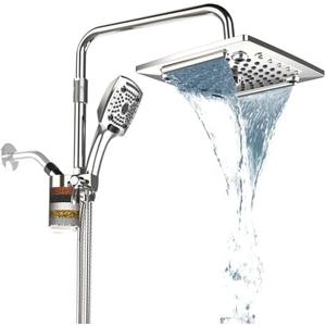 JINGZE Filtered Rainfall Shower Head with Handheld Spray Combo – Dual Showerhead Set with Replaceable Filter, 5 Spray Modes, 59″ Hose Adjustable Extension Arm, Chrome