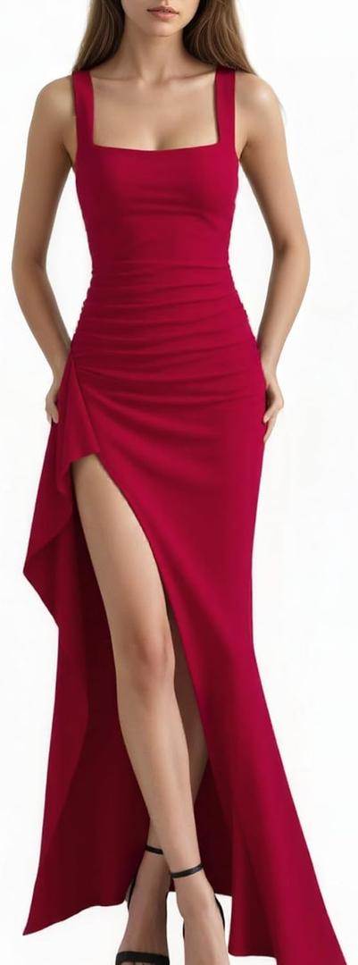 Womens Sleeveless Square Neck Formal Dresses Sexy Bodycon Ruched High Slit Wedding Party Guest Prom Maxi Dress (Red, L)