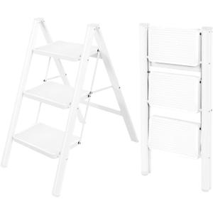 Valeo 3 Step Ladder,Lightweight Folding Step Stool with Wide Anti-Slip Pedal, 330LBS Capacity, Heavy Duty,Sturdy Iron Metal Step Stool for Home, Kitchen, Closet, Adults,White