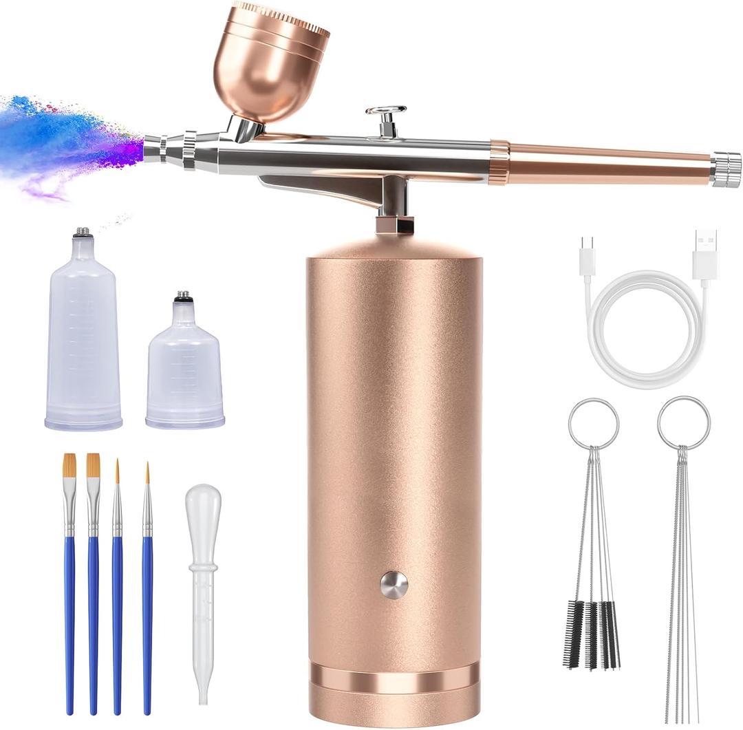 Airbrush Kit With Compressor - 48PSI Rechargeable Cordless Non-Clogging High-Pressure Air Brush Set with 0.3mm Nozzle and Cleaning Brush Set for Nail Art, Makeup, Painting, Cake Decor (Champaign Gold)