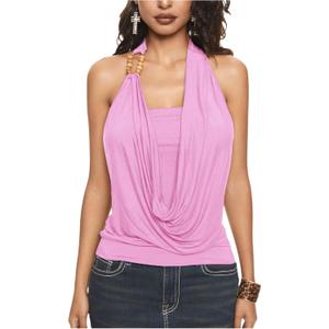 Floerns Women's Summer Going Out Tops Draped Front Cowl Neck Halter Tops Beaded Backless Sleeveless Y2k Tank Tops (Pink, XS)