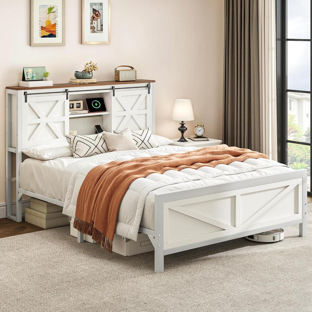 DWVO Farmhouse Queen Size Bed Frame w/Storage Bookcase Headboard, Sliding Barn Door, Charging Station, Rustic Wood Platform Bed w/Wood Slats Support, No Box Spring Needed,White