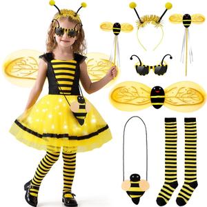 Latocos 8pcs Bee Costume Kids Toddler Light Up Bumblebee Tutu Dress Bee Wings Bag Socks Halloween Dress Up Gift (130(5-6Y))