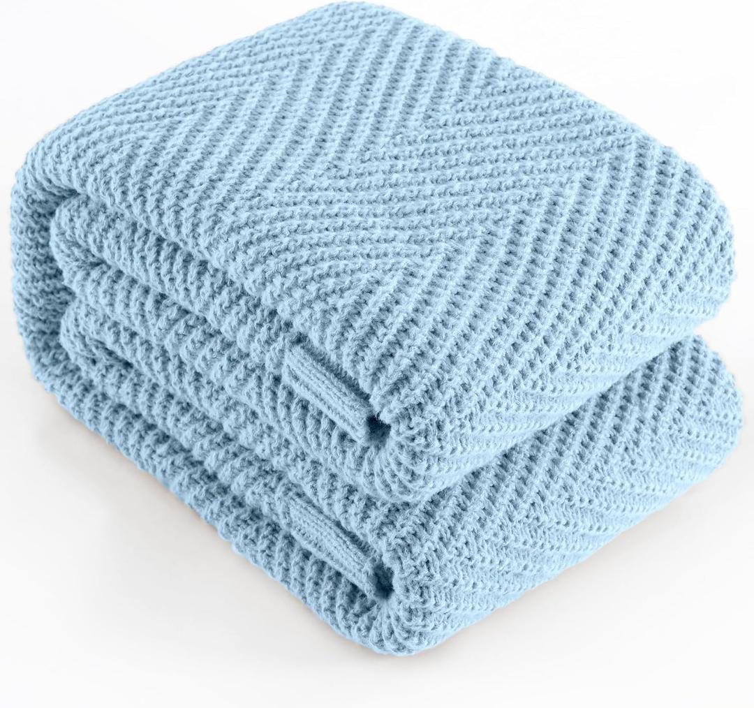 Knitted Throw Blanket 50"X60", Light Blue Knit Throws for Bed, Super Soft Boho Chevron Blankets for Couch Sofa Chair Room Decor, Textured Decorative Farmhouse Cozy Lightweight