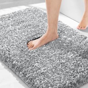 Yimobra Bathroom Rugs Non Slip Washable 36x24, Ultra Soft and Water Absorbent Bath Mats, Plush Fluffy Shower Mat Outside, Luxury Microfiber Thick Matts for Bathroom Floor/Tub, Light Gray and White