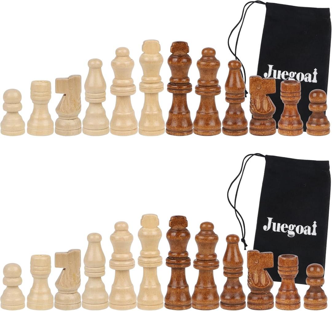 Juegoal 2 Pack Wooden Chess Pieces Only, 32 Pieces Each Wood Chessmen Pieces, 2.4 Inch King Figures Chess Game Pawns Figurine Pieces, Replacement of Missing Piece, Includes Storage Bag