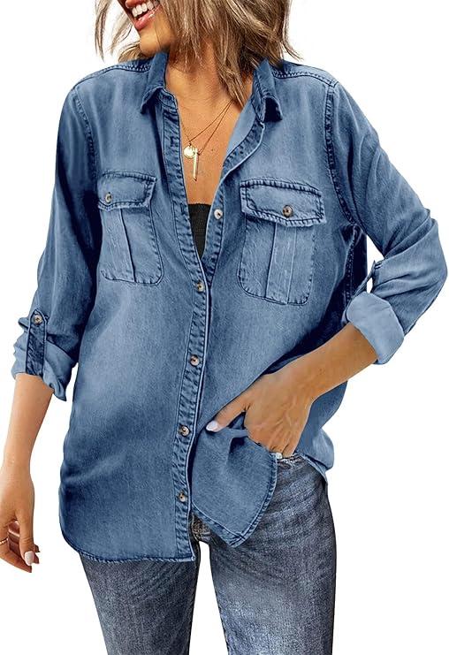 Runcati Womens Button Down Denim Shirt Long Sleeve Roll Up Casual Oversized Jean Shirt Jacket Distressed Tunic Tops Size L